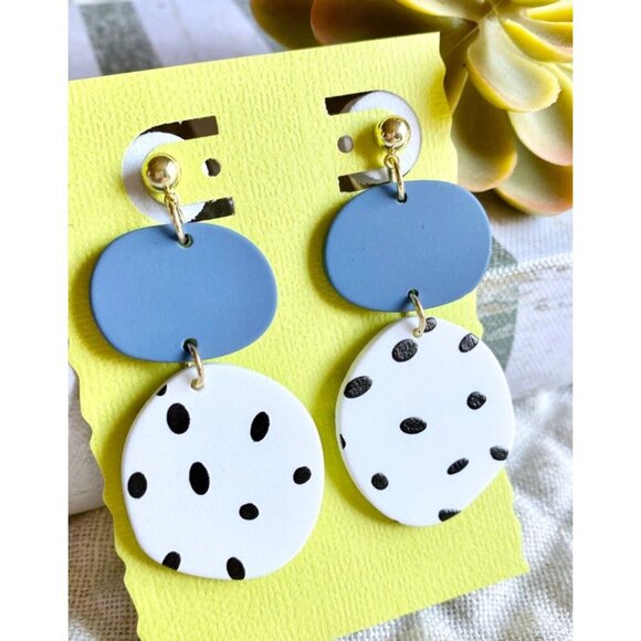 New Blue Black White Dalmatian Dot Round Retro 80s Style Matte Earrings - 2.25" - Picture 3 of 4